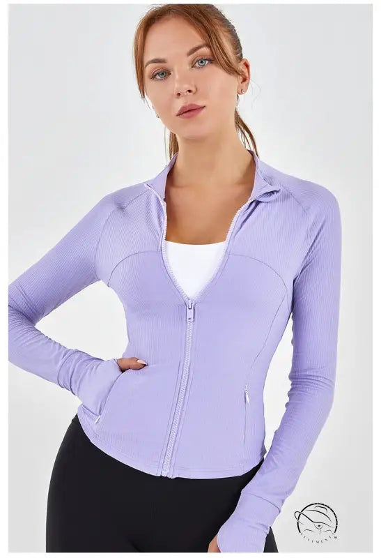 Lavender ribbed slim fit yoga collar long-sleeve zip-up jacket with pockets
