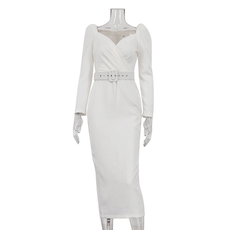 White long-sleeved wrap dress with belted waist, a fashionable addition to ملابس collection