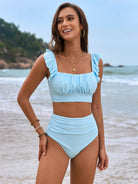 Light blue ruched two-piece swimsuit set, Gorgeous Split Bikini, stylish ملابس for summer fashion