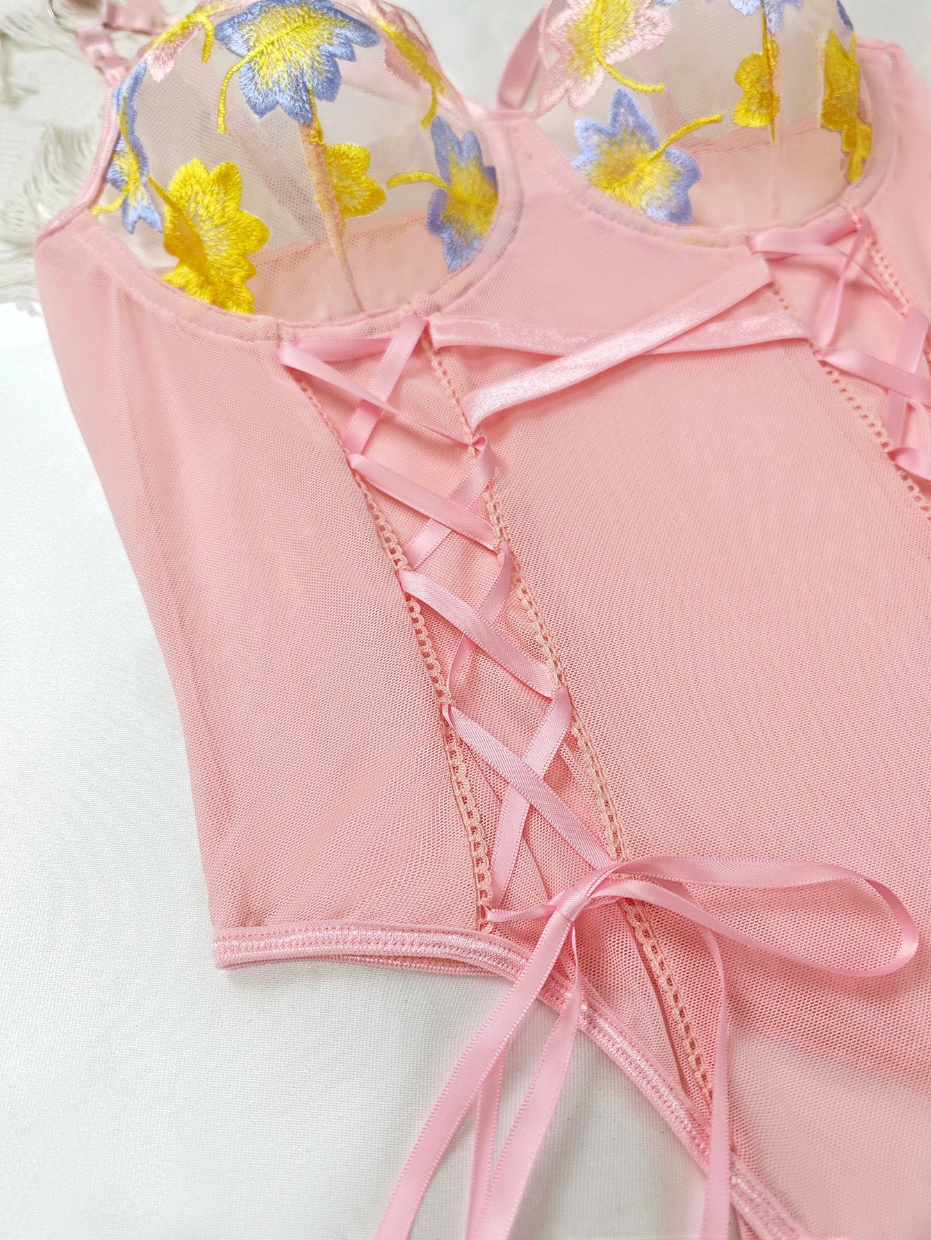 Pink floral lace langry bra with bow and underwire support