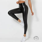 Shiny faux leather bright pants with glossy black leggings