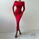 Elegant retro red off-the-shoulder ruched dress in langry fashion
