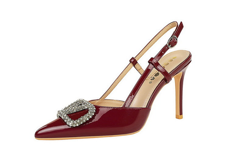 Langry fashion burgundy patent leather slingback high heel with crystals