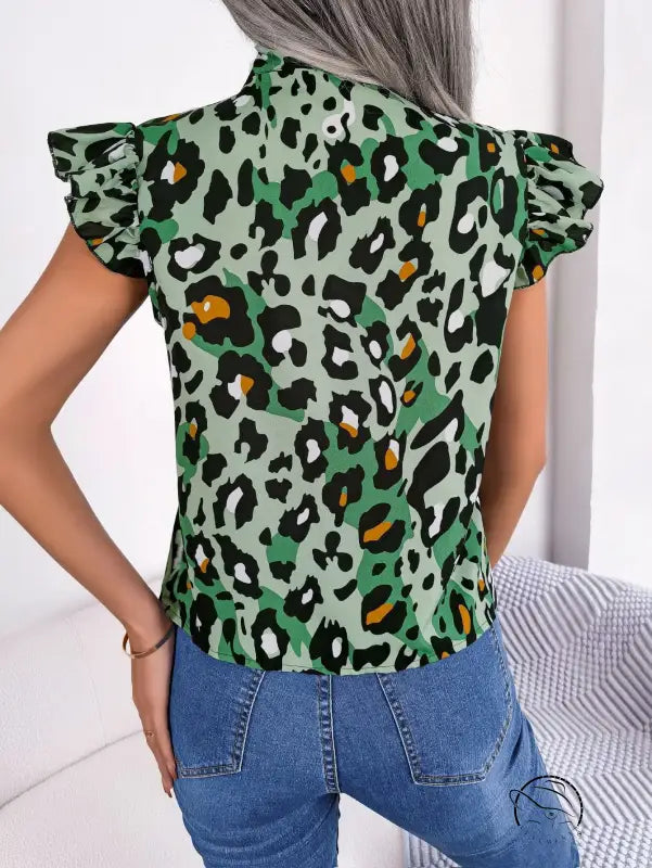 Casual leopard print blouse top in light green with ruffle sleeves