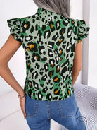 Casual leopard print blouse top in light green with ruffle sleeves