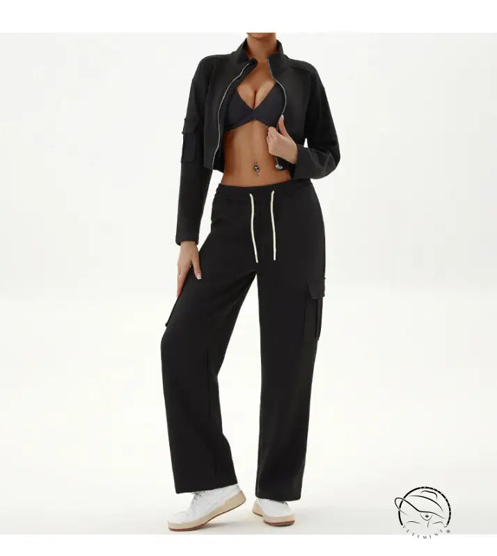 Black cropped jacket and cargo pants in winter workwear casual sports sets