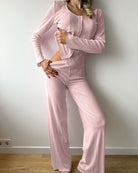Pink langry fashion ملابس: Jacquard knitted three-piece pajamas set with long-sleeve top and flared pants