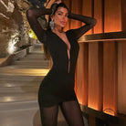 Black langry fashion dress with front zipper and deep V plunge neck