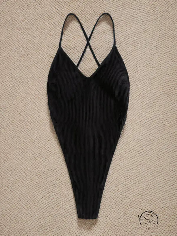 Black ribbed one-piece bikini with crossed back straps by Langry fashion