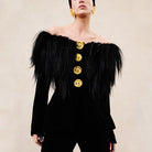 Langry elegant business blazer: black velvet off-shoulder top with feathered sleeves and gold buttons