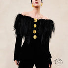 Elegant langry fashion black velvet off-shoulder top with feathered sleeves and gold buttons in business blazer style
