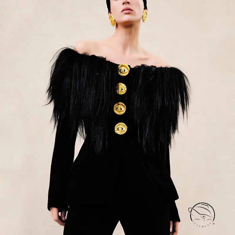 Elegant langry fashion black velvet off-shoulder top with feathered sleeves and gold buttons in business blazer style
