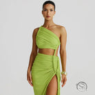 Stunning lime green cutout lace pleated one-shoulder dress