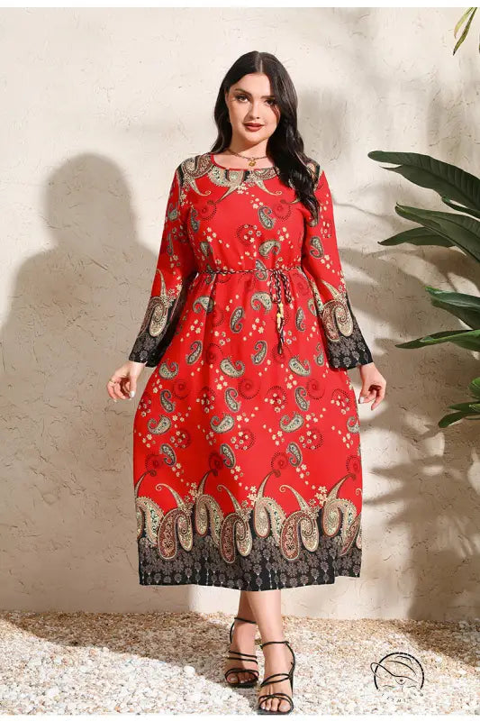 Ethnic Loose Maxi Dress Cashew Printed Long Sleeve