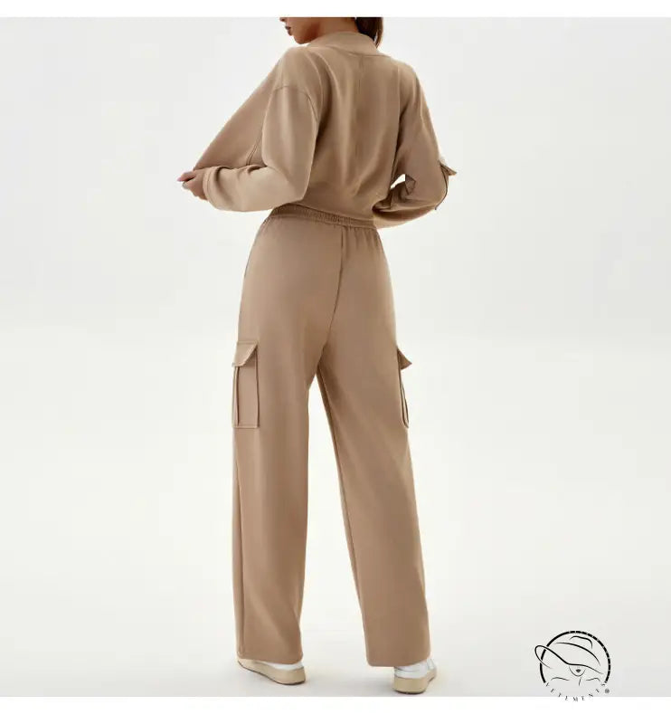 Beige two-piece winter workwear casual sports set with zipper