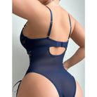 Navy blue sheer lace bodysuit lingerie with push-up fashion design