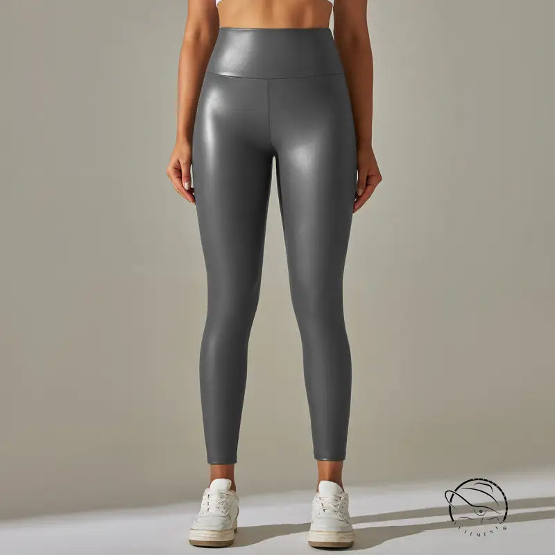 High waist faux leather leggings in metallic silver with shiny finish