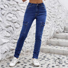 Langry fashion women’s dark blue denim cargo skinny jeans with side pockets
