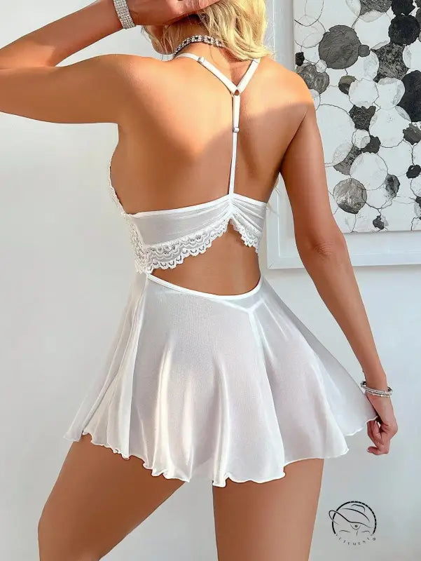 Button Strap Lingerie Lace Pleated Hem Underwear Set