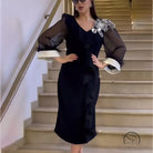 Elegant black autumn v neck solid color long sleeve dress with sheer sleeves