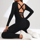 Langry black long-sleeved yoga bodysuit with crisscross back