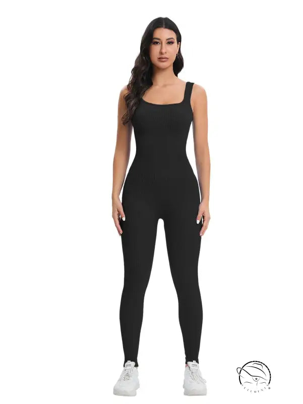 Langry black sleeveless ribbed jumpsuit in peach slim fit fashion ملابس