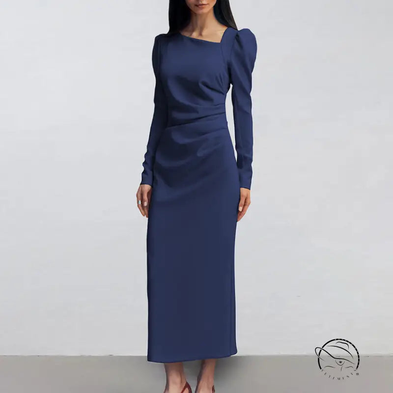 Elegant puff sleeve tight split navy dress
