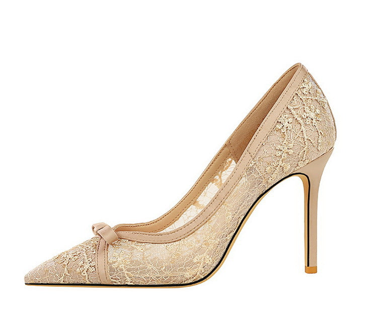 Cocktail High Heel Women Shoes Bow Sequined Lace Mesh Pointed Shallow Mouth Stiletto