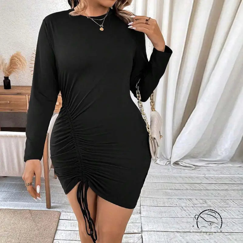 Elegant high waist hip wrapped black long-sleeved drawstring dress
