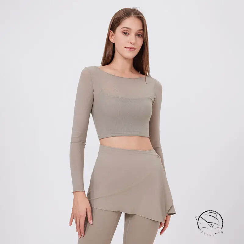 Taupe faux two piece mesh sports long sleeve cropped top with chest panel