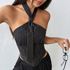 Chic retro langry fashion halter tie corset with black and white stripes