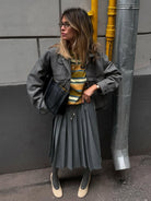 Grey pleated cotton skirt with black belt, pockets, Langry fashion ملابس