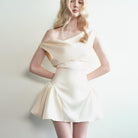 Langry French Pure Sweet satin off-shoulder dress with gold accents