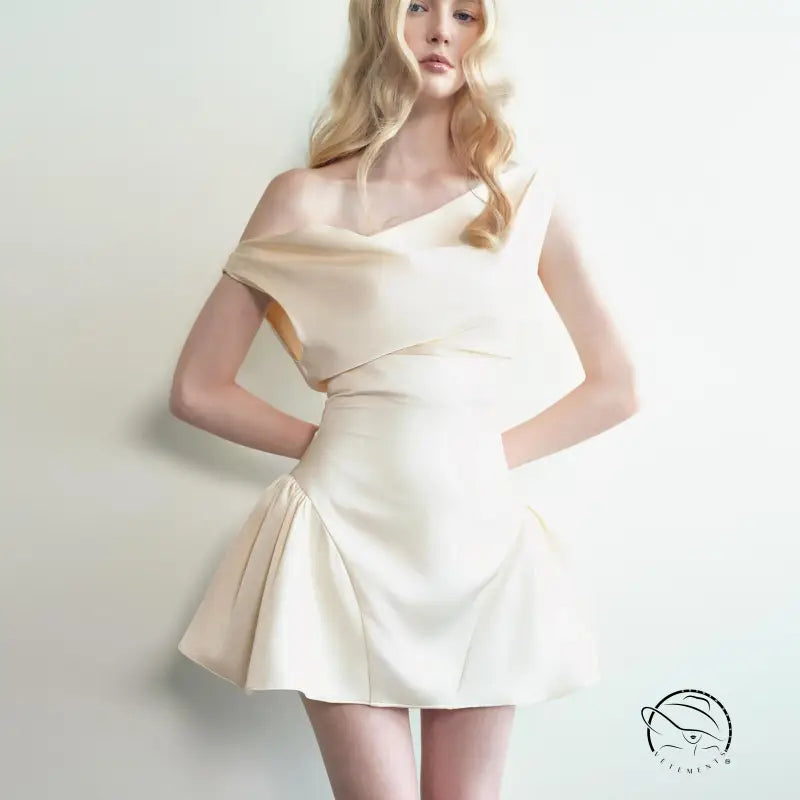 Langry fashion ملابس: cream off-shoulder satin dress with gold accents