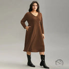 Women’s brown V-neck long-sleeve midi match office dress with pockets