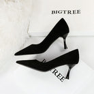 Black suede Langry high-heeled pumps with metallic heels and Bigtree branding
