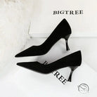 Black suede langry fashion high-heeled pumps with metallic heels and bigtree branding