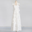 White floral-appliqued dress for women showcasing elegant summer fashion with high-grade stitching