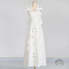 White floral-appliqued slim fit summer dress with high grade stitching