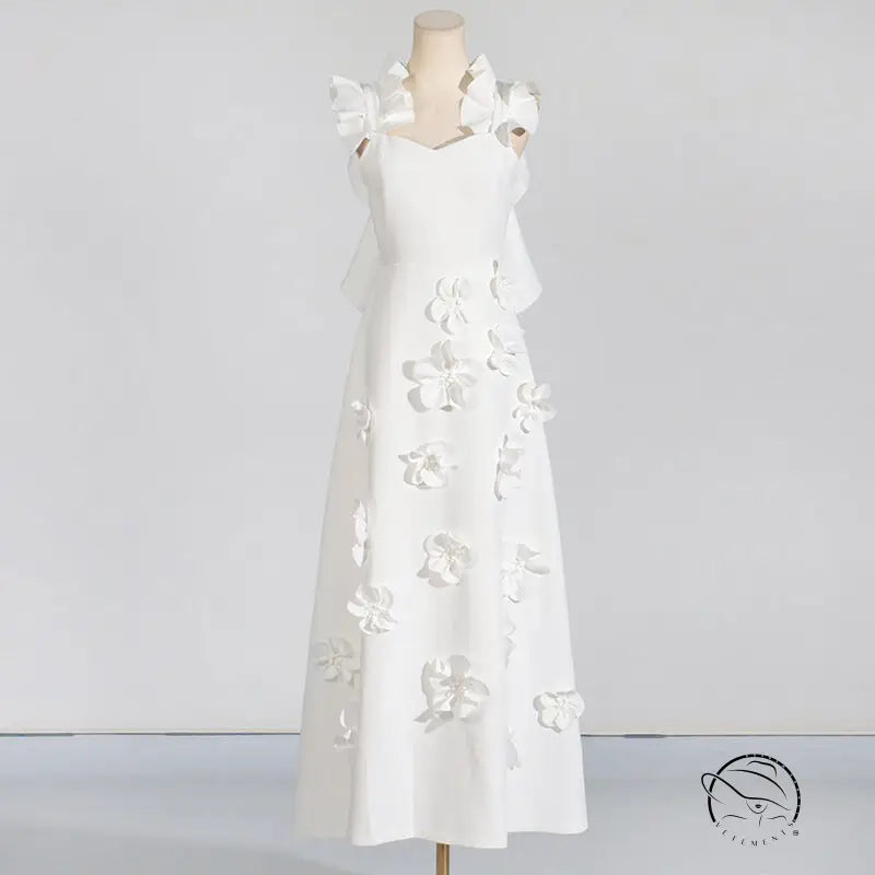 White floral-appliqued slim fit summer dress with high grade stitching