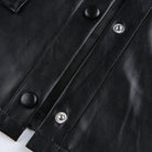 Classic langry black leather jacket with silver buttons, winter fashion coat