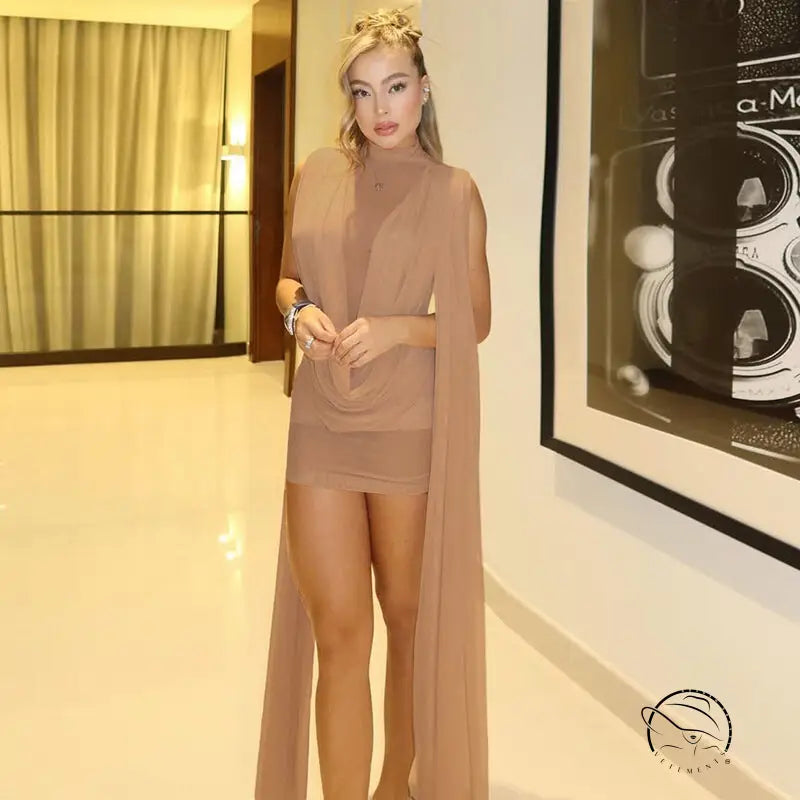 Elegant langry nude sheer cape dress with high slit and turtleneck