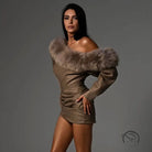 Olive green satin langry fashion dress with fur trim, off-shoulder style