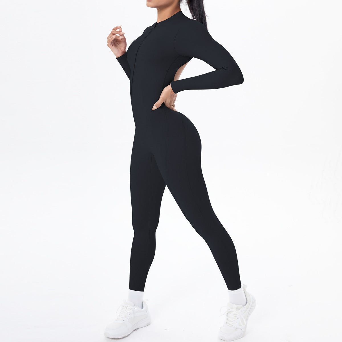 Black long-sleeve yoga one-piece with high neckline and side zipper
