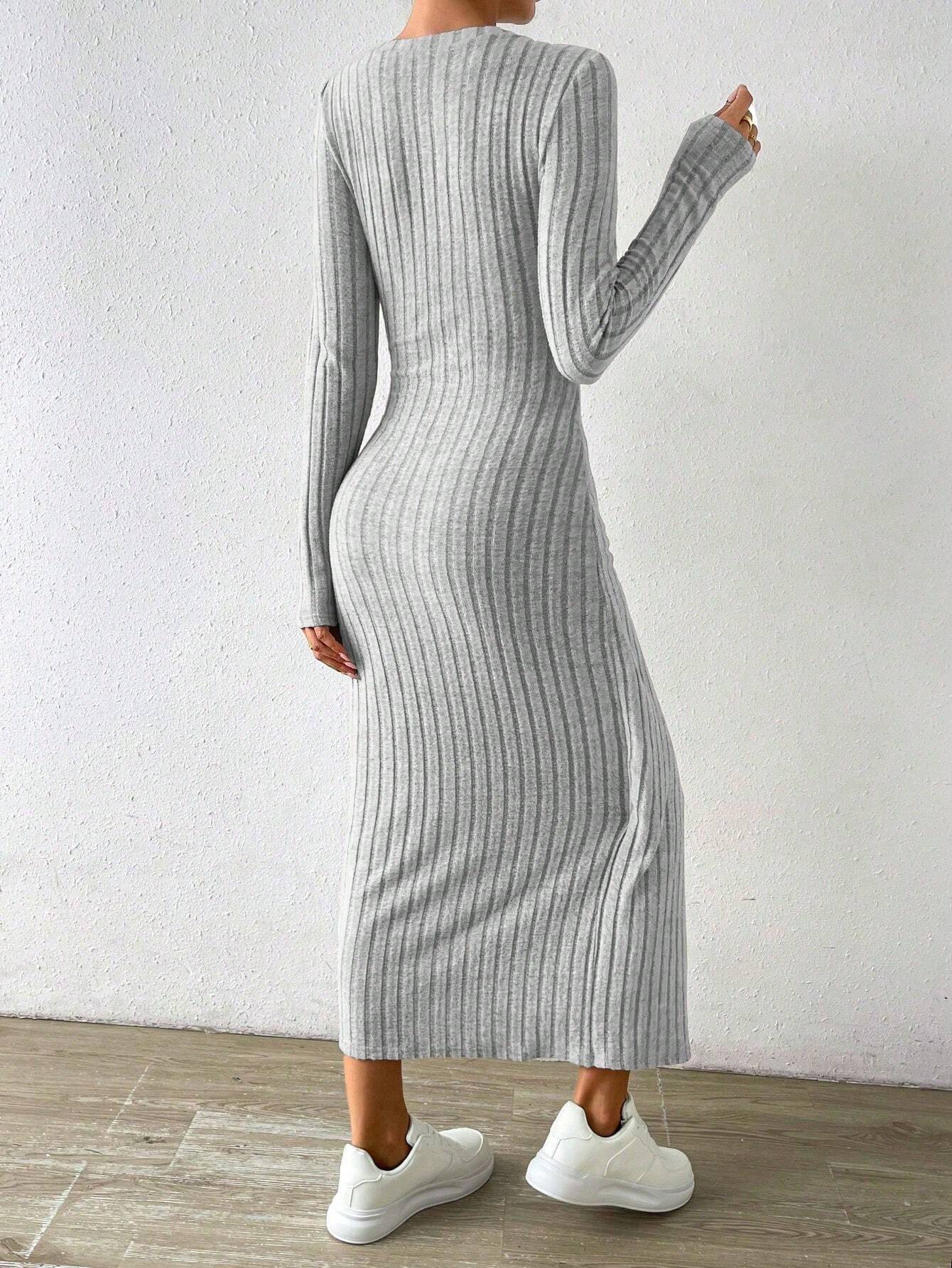 Warm gray ribbed maxi dress with fitted silhouette and long sleeves