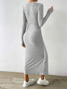 Warm ribbed gray maxi dress with fitted silhouette and long sleeves