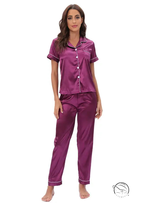 Purple satin langry fashion pajamas set with white piping and buttons