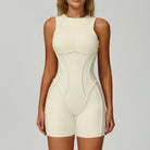 Cream-colored Langry yoga jumpsuit with high neckline and stretchy shorts