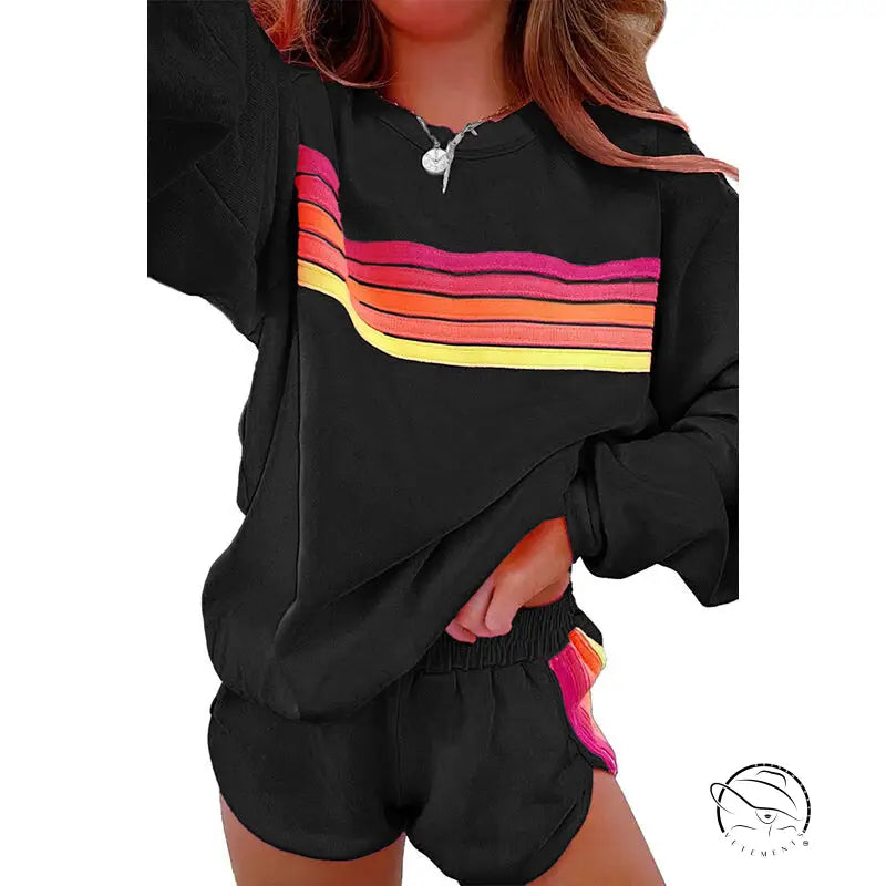 Black loose slim fit casual two piece loungewear set with retro rainbow stripes