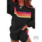 Black loose slim fit casual two piece loungewear set with retro rainbow stripes